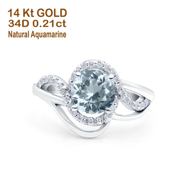 14K White Gold 1.49ct Art Deco Round 7mm G SI Natural Aquamarine Diamond Engagement Wedding Ring Size 6.5